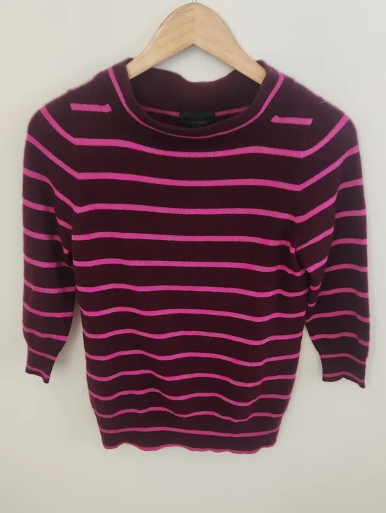 J. Crew Italian Cashmere Burgundy and Pink Striped Crewneck Sweater Small