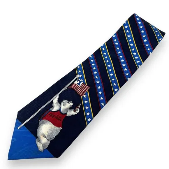 Vintage Coca Cola Polar Bear American Flag Mens Necktie Tie