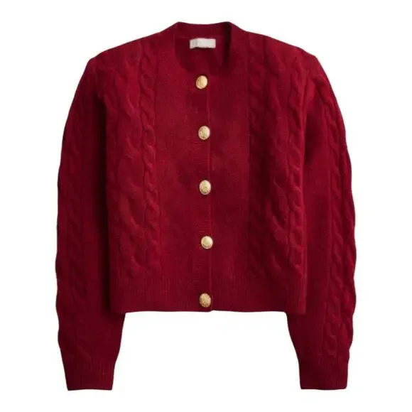 J. Crew Cable Knit Cardigan Gold Button Wool Blend Merlot Small
