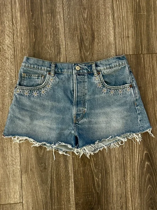 Reformation Charlie High Rise Daisy Embroidered Button Fly Denim Shorts Sz 29