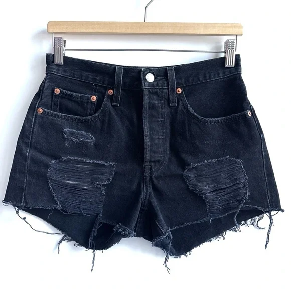 Levi’s 501 Black Distressed Denim Jean Shorts Size 26