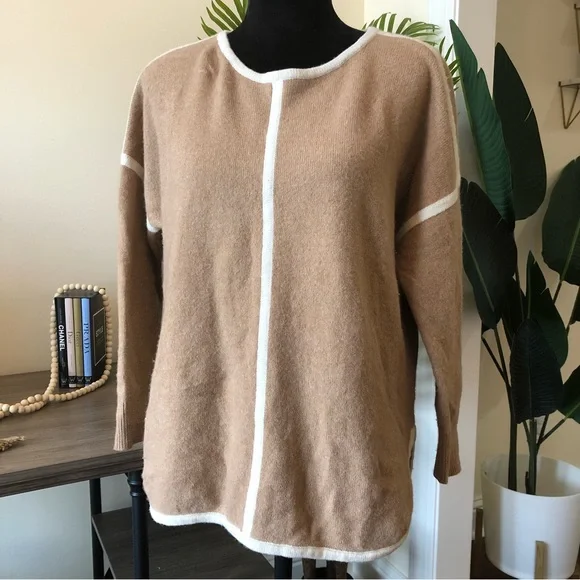 J. Crew 100% Wool Soft Tan Crew Neck Sweater with White Trim