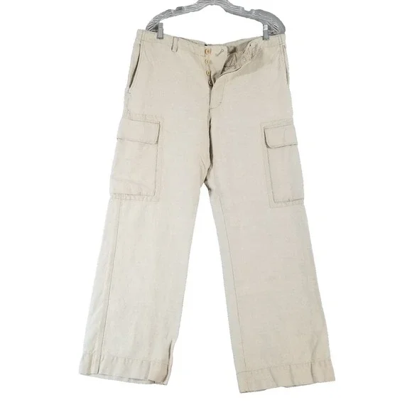 Banana Republic linen cargo pants men's 35x32 beige adjustable waist outdoor