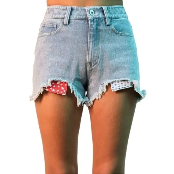 Very J Light Wash Patriotic Distressed Raw Hem Denim Shorts Boho USA Stretch NWT