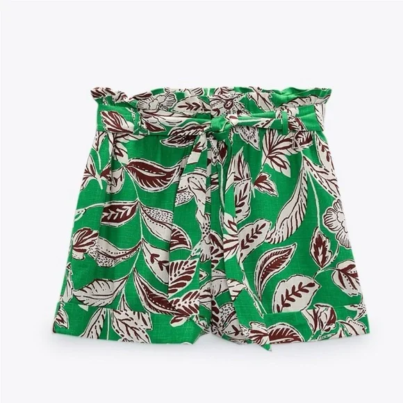 Zara Green, Brown Cream Leaf Print Paper Bag Shorts X-Small Excellent Condition