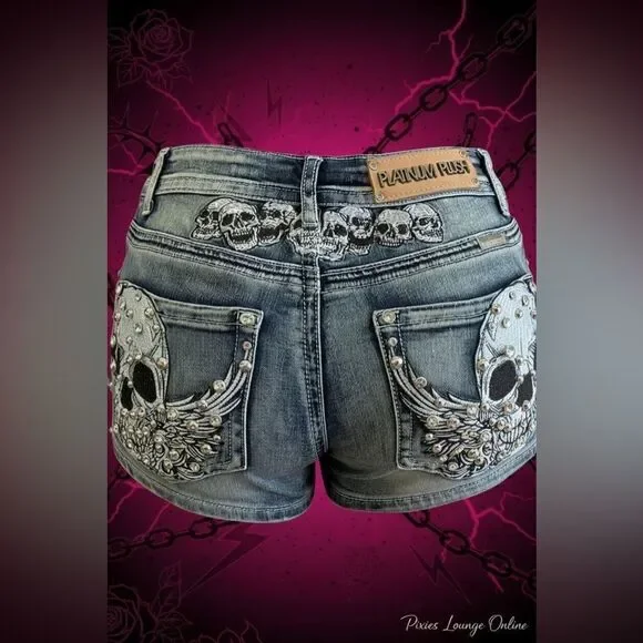 Platinum Plush Tribe of Skulls Rhinestone Shorts