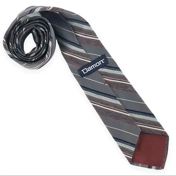 Damon Mens Striped Tie Polyester Gray Brown Silver Blue