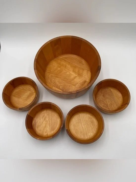 VTG Crate & Barrel Wood Birch Salad 5 pc Bowl Set John McLeod Vermont MCM Rustic