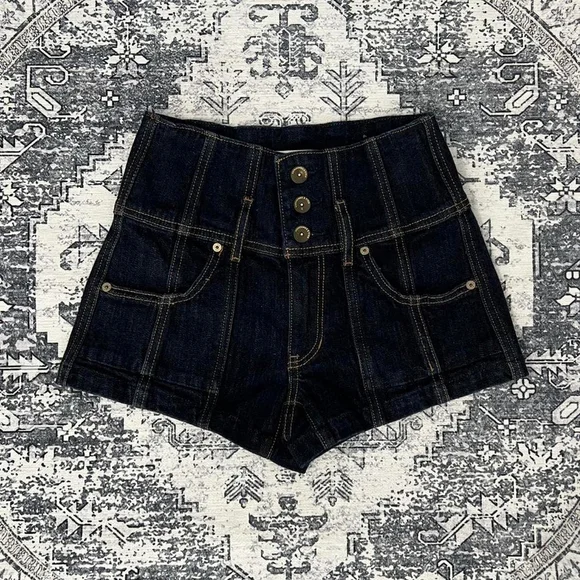 Abercrombie & Fitch 2010s Dark Blue High Waisted Denim Shorts - Size 24