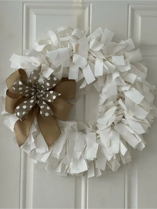 Neutral White Fabric Holiday Wreath with Tan Polka Dot Bow