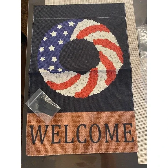 Patriotic Welcome Garden Flag American Flag Wreath 12x18 Nylon Burlap Decor