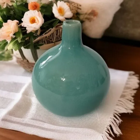 Crate & Barrel Bud‎ Vase Perry Aqua Round Ball Ikebana Coastal Beach House Farm.