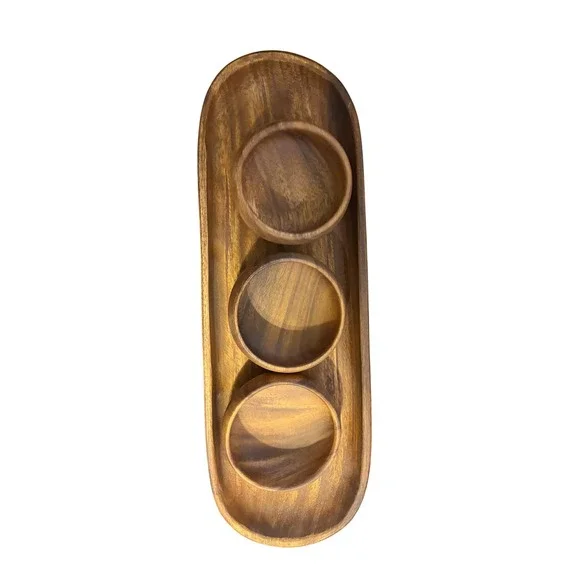 Crate‎ & Barrel Tondo Serving Set Brown Acacia Wood Platter and 3 Bowls