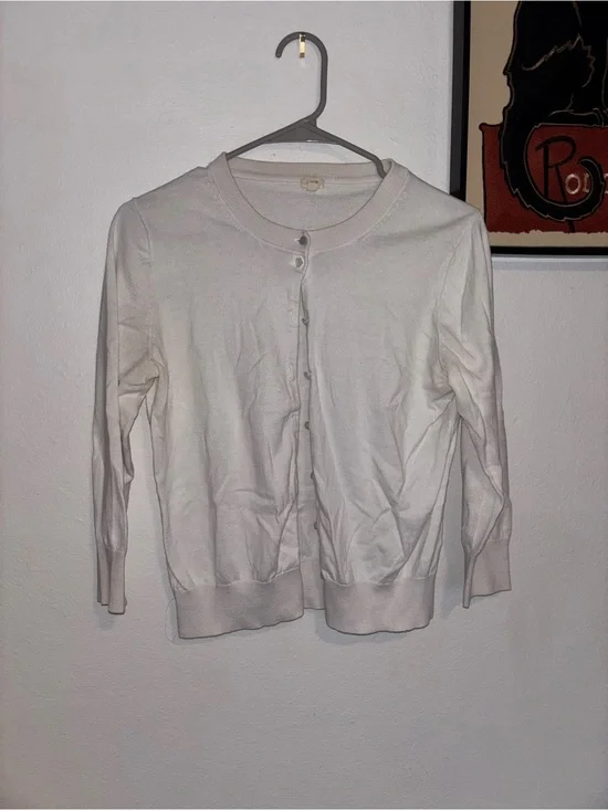 J. Crew White Crewneck Button-Front Cardigan