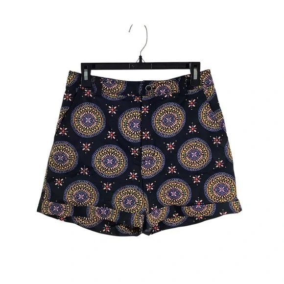 Anthropologie Maeve High Waist Patterned Cuffed Shorts - Navy and Gold