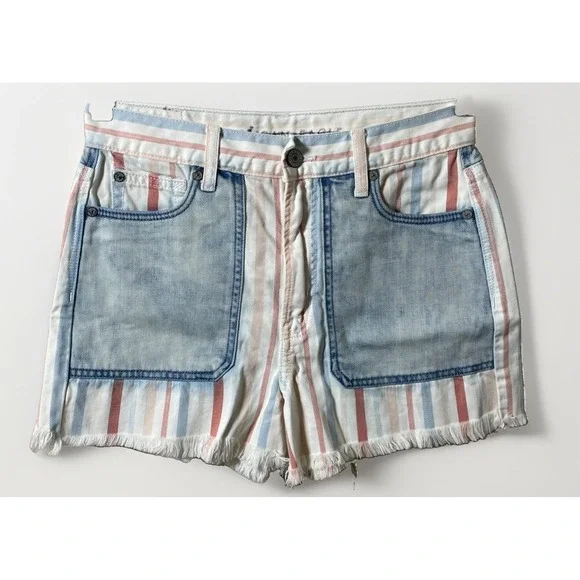 American Eagle High Rise Carnival Stripe Mom Jean Shorts Denim Frayed Hem Sz 2