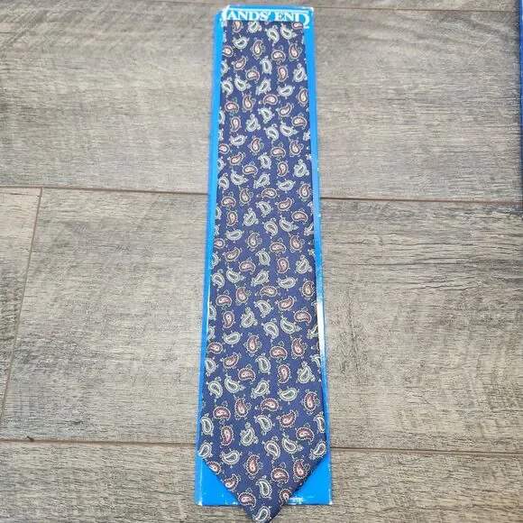 Vintage NEW Lands' End Direct Merchants Silk Tie Hand Sewn USA Blue Long Boxed