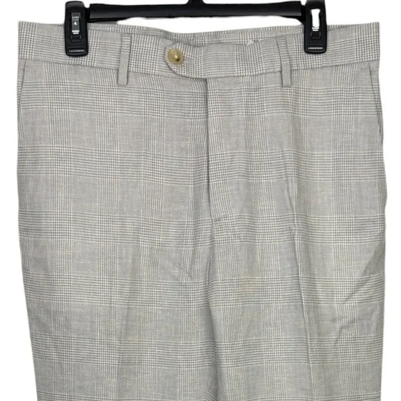 Banana Republic LINEN Blend Tailored Fit Pants Mens 31x28 Grey Glen Plaid Flat