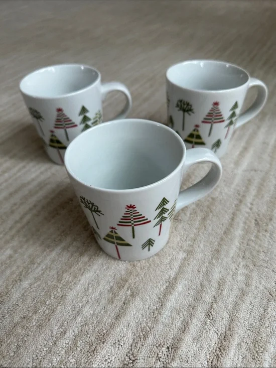 Set of 3 Crate & Barrel Julia Rothman Yule Town Christmas Tree 16 oz Mug Holiday