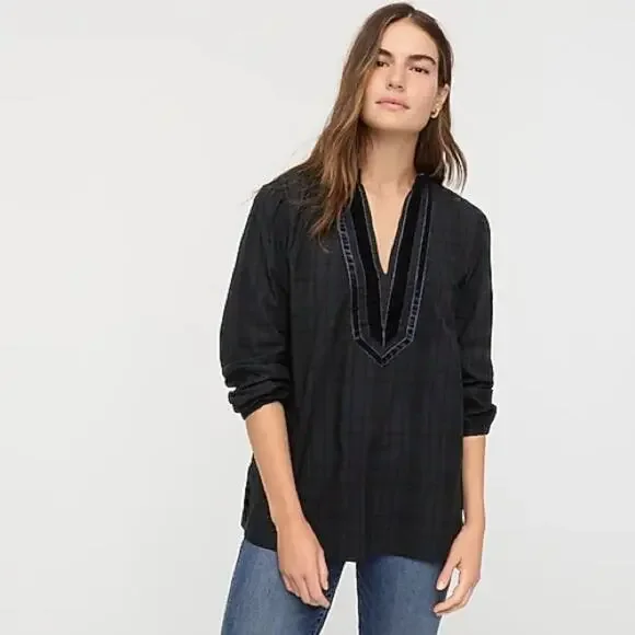 J. Crew Velvet-Trim V-Neck Tartan Print Tunic