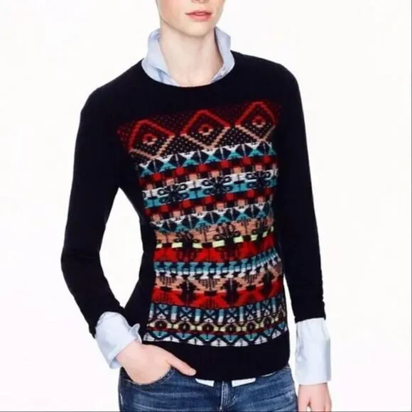 J. Crew Aztec Fair‎ Isle Jacquard Stich Wool Sweater Blue XS Crewneck Pullover