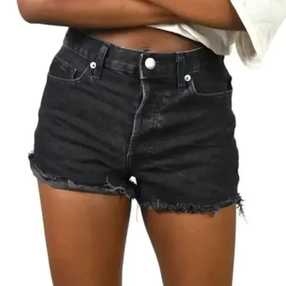 Everlane The Cheeky Short Black Rough Hem Distressed Shorty Shorts Size 31
