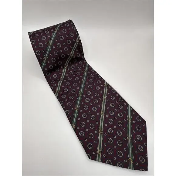 Vintage Italian Silk Tie Bloomingdale's Brass & Leather Navy Bit Rope Ring Men's