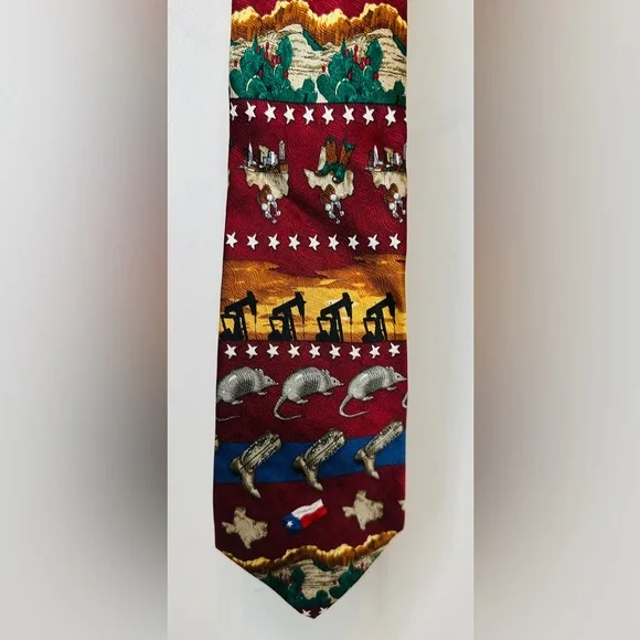 Puritan Texas Novelty Necktie Armadillo Cowboy Boots Oil Derrick Flag Burgundy