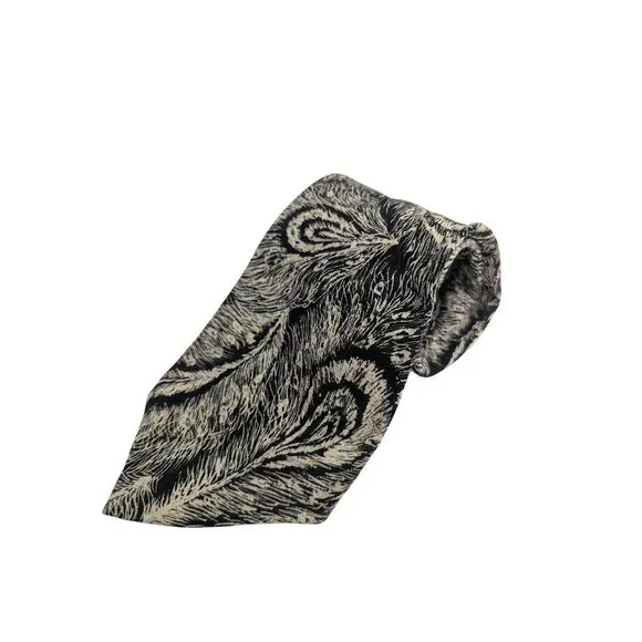 Steven Land Black & off white peacock feather print abstract silk necktie tie