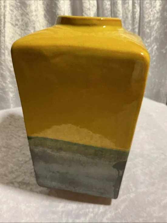 Crate&Barrel Yellow and Black Glazed Square Vase
