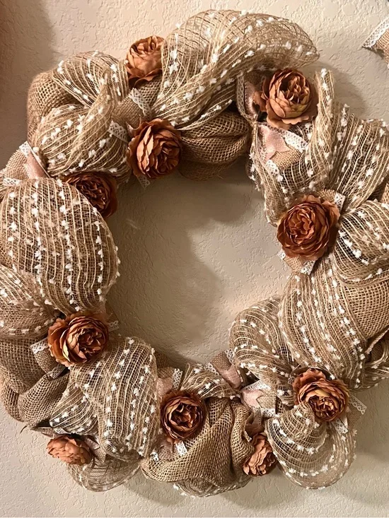 Neutral with pink accents Burlap Floral Wreath