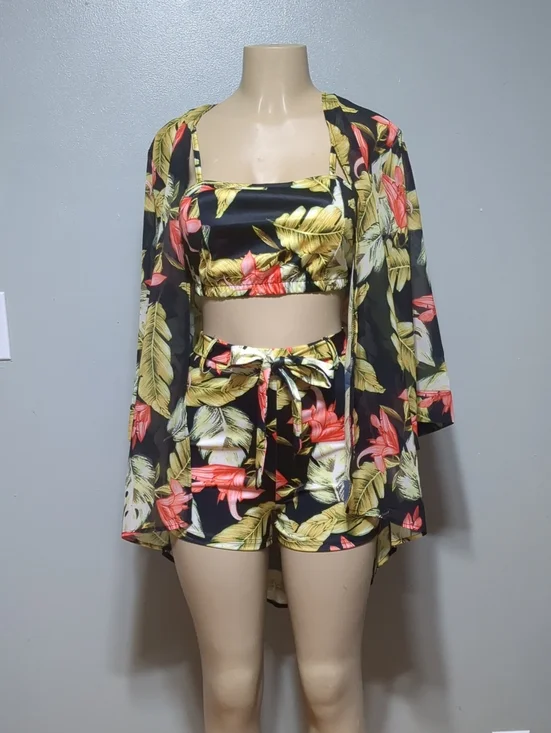 Vacation Resort Beach-Tropical Floral 3-Piece- Black with Green & Coral, Small