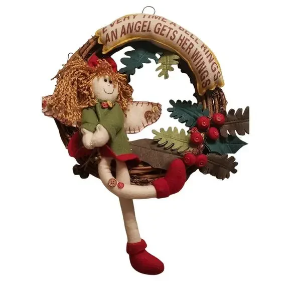 Vintage 16x19 Vine Wreath Angel EVERYTIME A BELL RINGS AN ANGEL GETS HER (b-2)