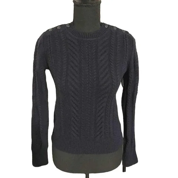 J. Crew Navy Blue Cable Knit Fisherman Sweater 100% Wool Womens Size‎ XXS