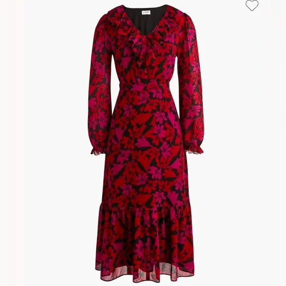 J. Crew Red and Pink Floral Long Sleeve Dress