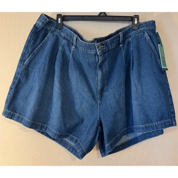 Terra & Sky Drapey Shorts Women 26W Blue Pleated Lucy Wash High Rise Relaxed NEW