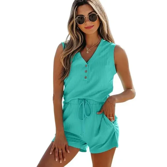 Mint Green Ribbed Button V Neck Tank Top and Shorts Set New S, M, L, XL