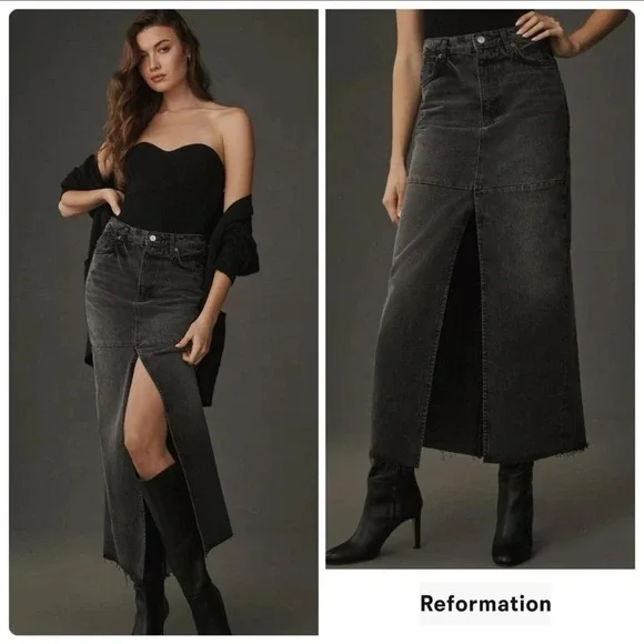Reformation Jeans Tazz Maxi Denim Distressed Skirt Gray Black Size 26 NWOT