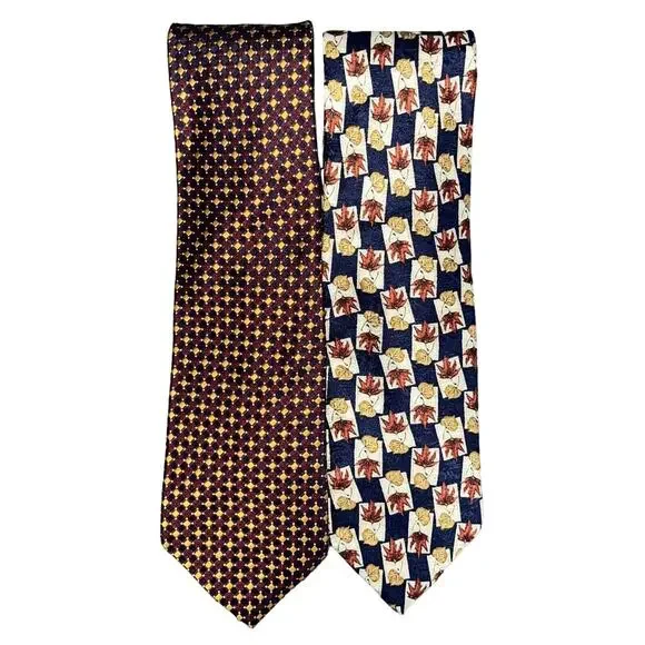 Lands' End Men's Ties Set Of Two 100% Silk Neck Ties Leaf Dot Pattern Multicolor