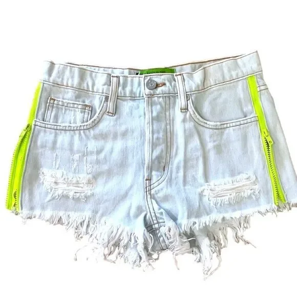 SANDRINE ROSE FREE PEOPLE Blue Side Zip Distressed Shorts Size 2 | 25 NWT