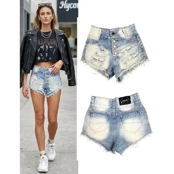 VTG Y2K Hyconts Brazilian Distressed Rhinestone Denim Button Fly Shorts Size 26