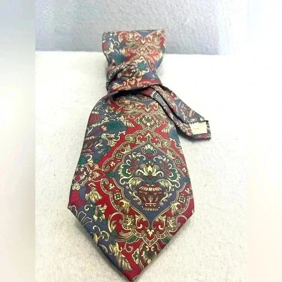 Halston III 100% Italian Silk Tie red blue teal grey white