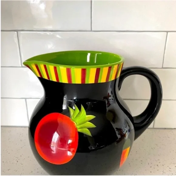 Crate&Barrel Black Red Yellow Ceramic Pitcher With Fruits