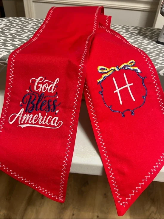 Red Patriotic Embroidered Sash with Monogram