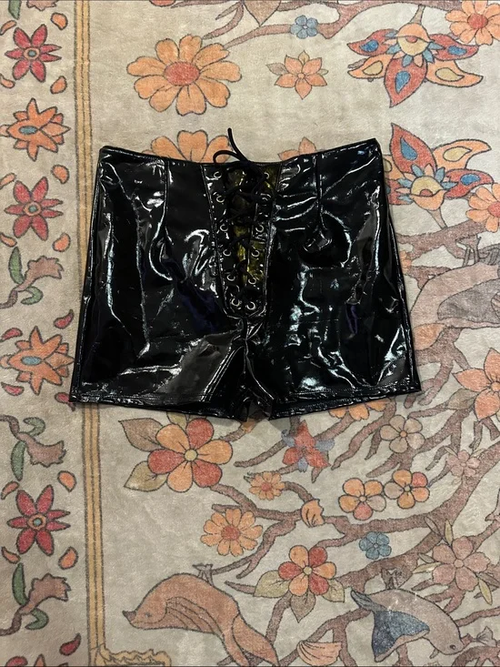 Black Patent Lace-Up High-Waist Shorts , with slight faded away color in front