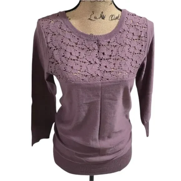 J. Crew‎ Women's 100% Merino Wool Tatted Lace Purple Sweater Size Small New