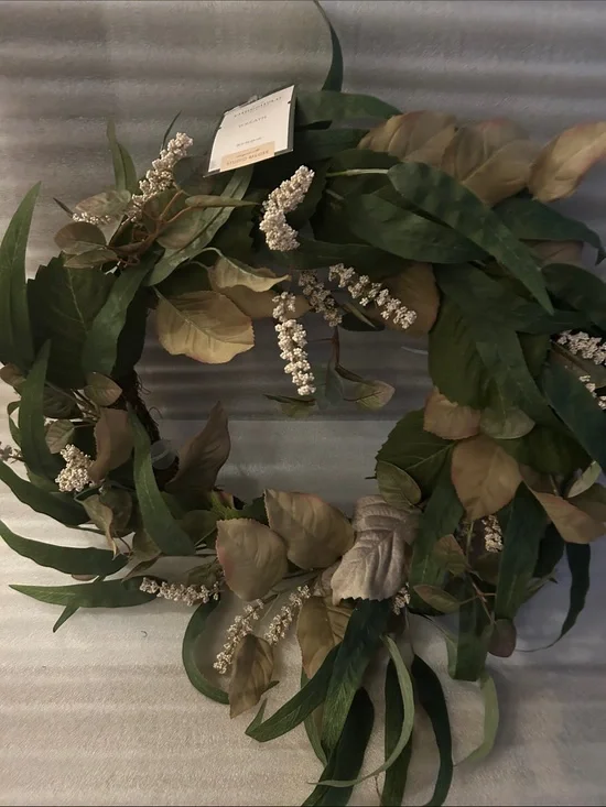 Studio McGee Green and Light Green/Rust Faux Leaf Wreath with Cream Accents