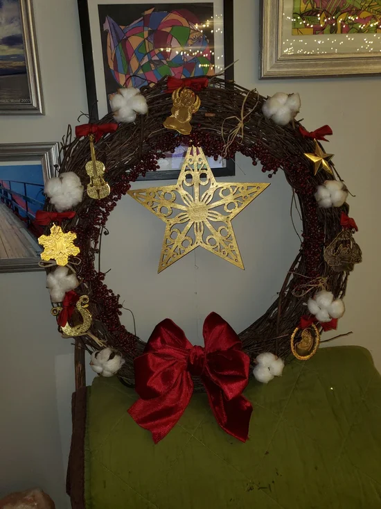 Handcrafted Festive Red Ribbon Cotton & Gold Ornament Holiday Wreath *Large 18