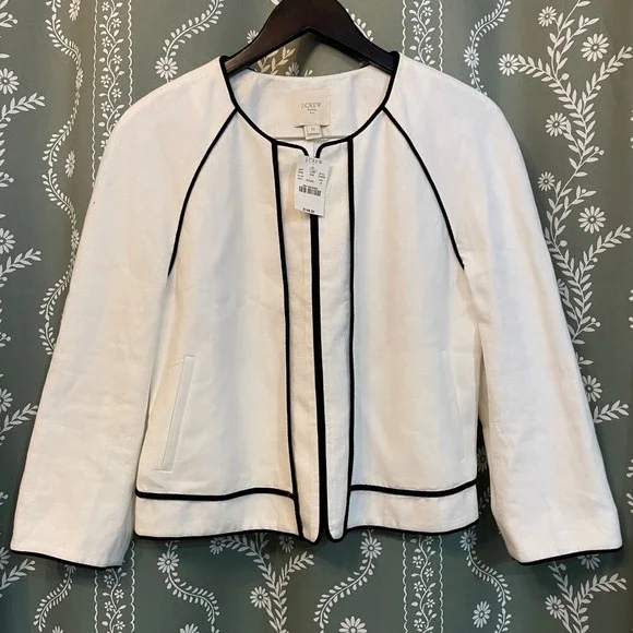 NEW J.Crew Linen Blazer Jacket White Black Piping‎ Zip Front 3/4 Sleeve Sz 12