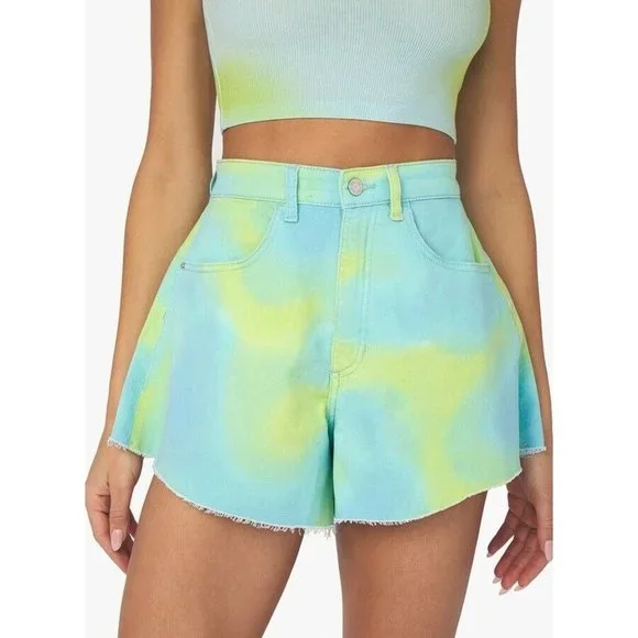 WEWOREWHAT REVOLVE FLARE BELL SHORTS STRETCH DENIM TIE DYE Size 27